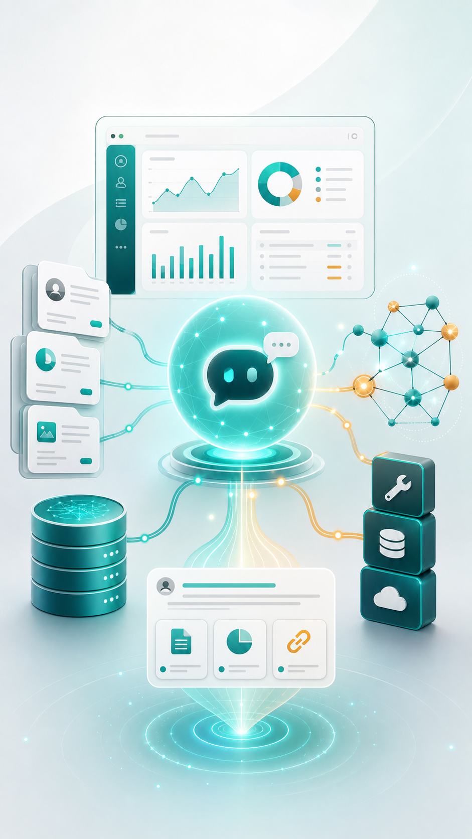 Image2 直式宣傳圖：RAG、Tool Calling 與 CRM 資料接回 AI 的概念視覺。