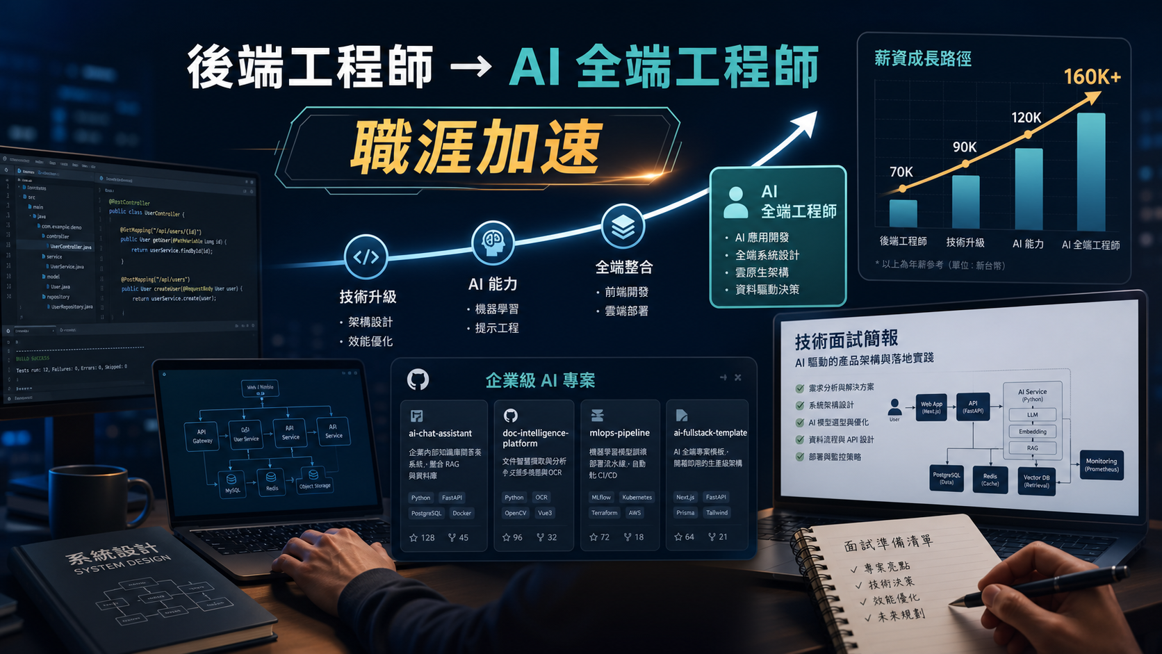 後端工程師升級為 AI 全端工程師的職涯加速視覺，包含作品集、企業級 AI 專案與成長曲線。